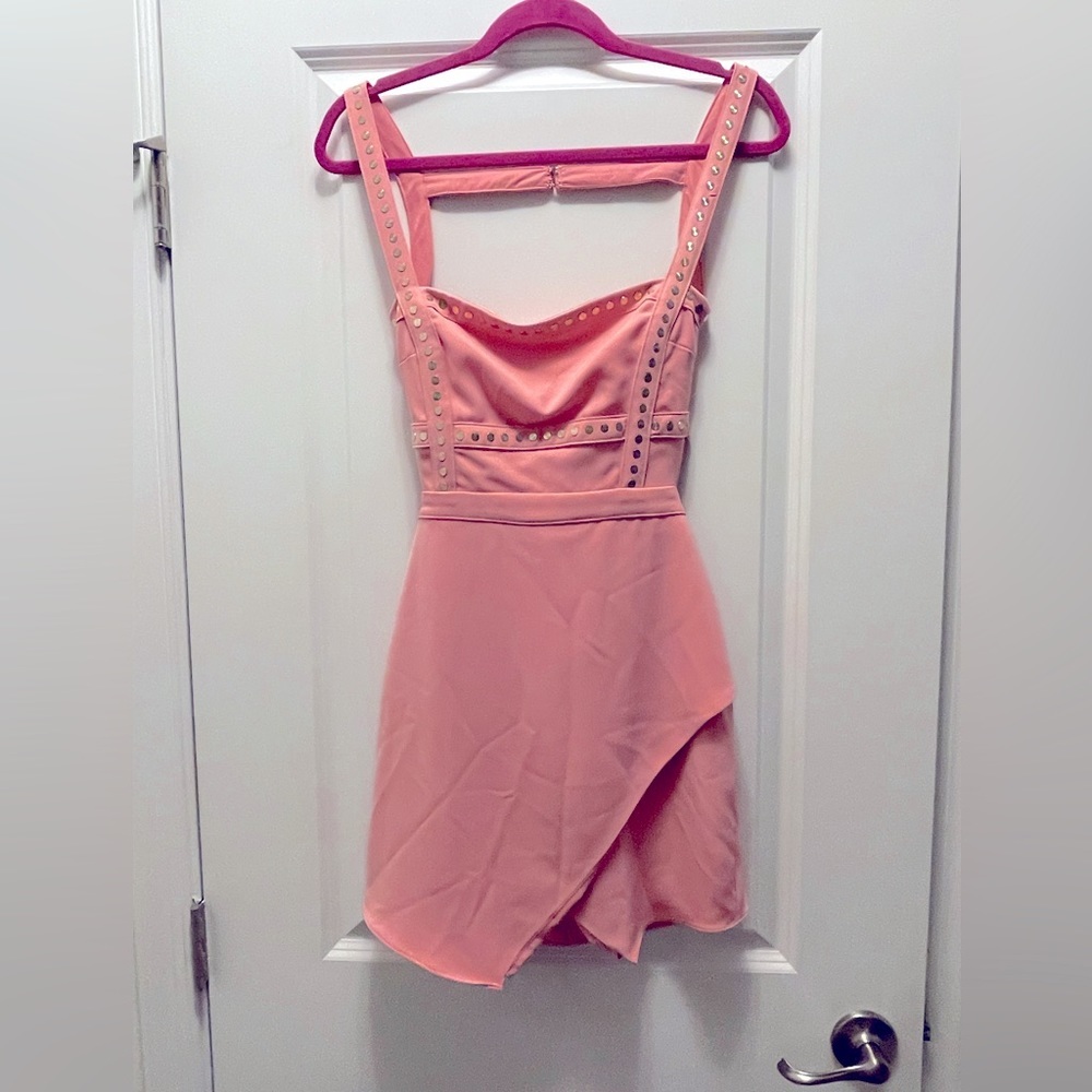 Pink Studded Asymmetrical Mini Dress
